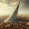 AI-generated illustration of a futuristic desert building with missiles soaring above
