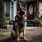 AI generated illustration of a German shepherd dog in front of the house