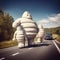 AI generated illustration of giant airball statues on the road with a car in the background