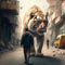 AI generated illustration of a giant tiger roaming among people on a narrow city street