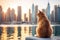 AI generated illustration of a ginger cat looking out to a serene cityscape at sunset