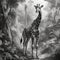 AI generated illustration of a giraffe in the dense jungle foliage, gazing off into the distance