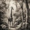 AI generated illustration of a giraffe in the dense jungle foliage, gazing off into the distance