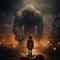 AI generated illustration of girl in a dark environment, captivated by an enormous creature