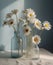 AI generated illustration of glass bottles with blooming daisies