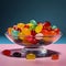 AI generated illustration of a glass bowl of assorted colorful jelly beans on a pink background