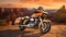 AI generated illustration of a gleaming golden motorcycle parked on a grassy hillside
