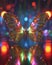 AI generated illustration of a glowing butterfly perches on a reflective surface