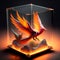 AI generated illustration of a glowing orange phoenix in a glass box