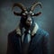 AI generated illustration of a goat in a suit on a gray smokey background