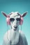 AI generated illustration of a goat wearing headphones and sunglasses on a blue background