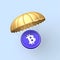 AI generated illustration of a gold Bitcoin cryptocurrency token hanging from a parachute