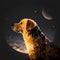 AI generated illustration of a gold retriever dog on a dark background with planets