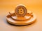 AI generated illustration of a golden bitcoin atop a round platform, illuminated with a bright light