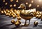 AI generated illustration of a golden duck sitting on a wooden surface with golden eggs