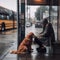 AI-generated illustration of a Golden Retriever with its owner sitting at a bus stop on a rainy day.