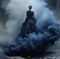 AI generated illustration of a gorgeous female wearing a stunning blue dress in a cloud of smoke