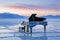 AI generated illustration of a grand piano atop a serene frozen lake