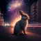 AI generated illustration of a gray bunny outdoors with colorful fireworks in the background