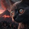 AI-generated illustration of a gray cat with the reflection of volcano fire in its eyes and smoke