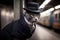 AI-generated illustration of a gray cat wearing a black top hat and coat at a train station.
