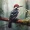 AI generated illustration of a Great spotted woodpecker perched on a tree branch.