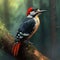 AI generated illustration of a Great spotted woodpecker perched on a tree branch.