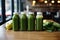 AI generated illustration of green juice bottles with apples placed beside them on a table