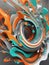 AI generated illustration of green and orange fluid spiral pattern