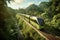 AI generated illustration of a green passenger train driving across a picturesque hillside