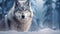 AI generated illustration of a grey timber wolf standing upon a blanket of snow