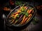 AI generated illustration of grilled carrots served on a black plate