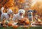 AI generated illustration of a group of adorable puppies gathered around a Thanksgiving dinner