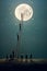 AI generated illustration of a group of adventurers ascending a tall ladder towards a full moon