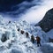 AI generated illustration of a group of adventurers scaling the frozen side of a mountain