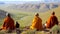 AI generated illustration of a group of Buddhist monks sitting in meditation atop a mountain