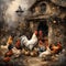 AI generated illustration of a group of chickens standing outside a rural village