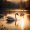 AI-generated illustration of a group of graceful swans floating on a tranquil lake at sunset.