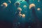 AI-generated illustration of a group of jellyfish floating underwater.