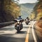 AI generated illustration of a group of motorcyclists riding down a scenic mountain road