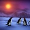 AI generated illustration of a group of penguins walking in the snow at sunset