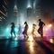 AI generated illustration of a group of people dancing in the city illuminated by lights