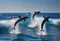 AI generated illustration of a group of playful dolphins leaping out of a crystal-clear sea