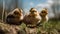 AI generated illustration of A group of small, fluffy ducklings stand together on a grassy field