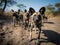 AI generated illustration of a group of wild dogs walking along a paved road