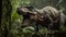 AI generated illustration of a growling Tyrannosaurus Rex in a jungle