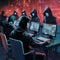 AI generated illustration of hackers sitting at the computer desks with black hoods on