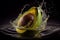 AI generated illustration of half of avocado splashing in the water with drops