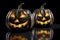 AI generated illustration of Halloween pumpkins with traditional carved faces illuminated