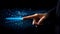 AI generated illustration of a hand grasping a glowing blue light saber against a black background